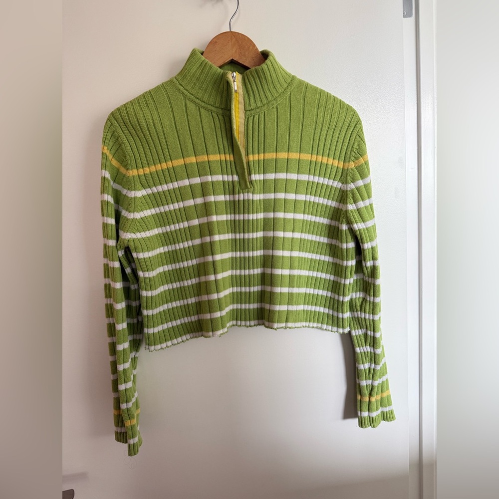 Karen Scott Lime and Yellow Striped Cropped Turtleneck Sweater
